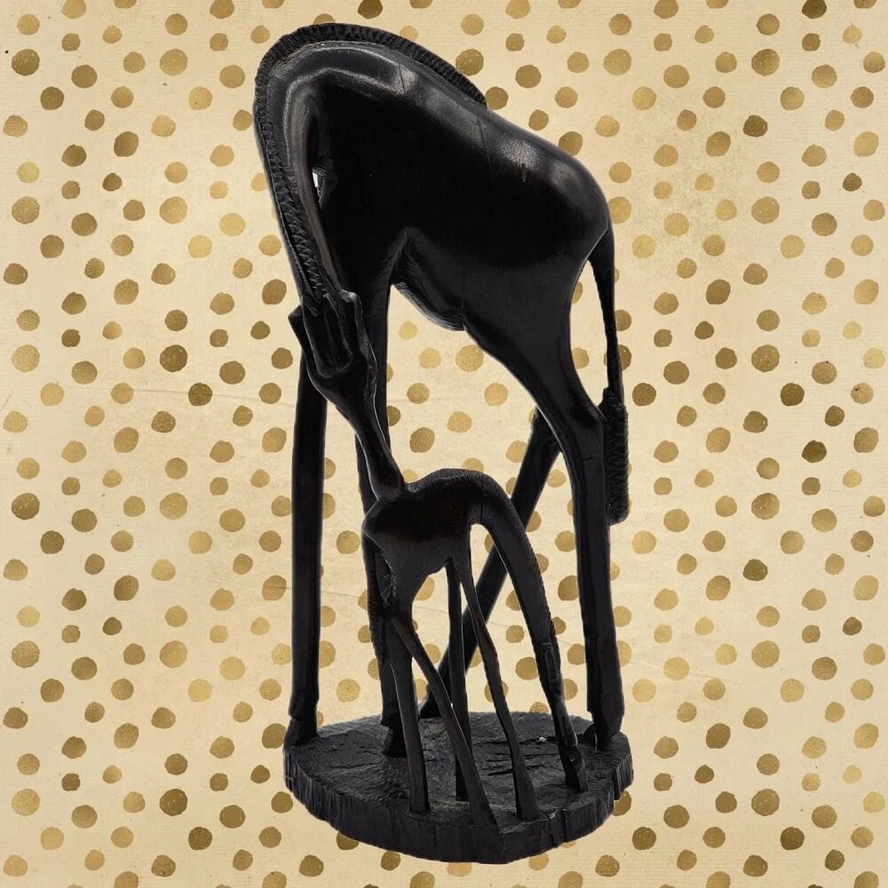 Vintage Ebony Wood Giraffe Sculpture with Baby Calf - Hand Crafted African Art